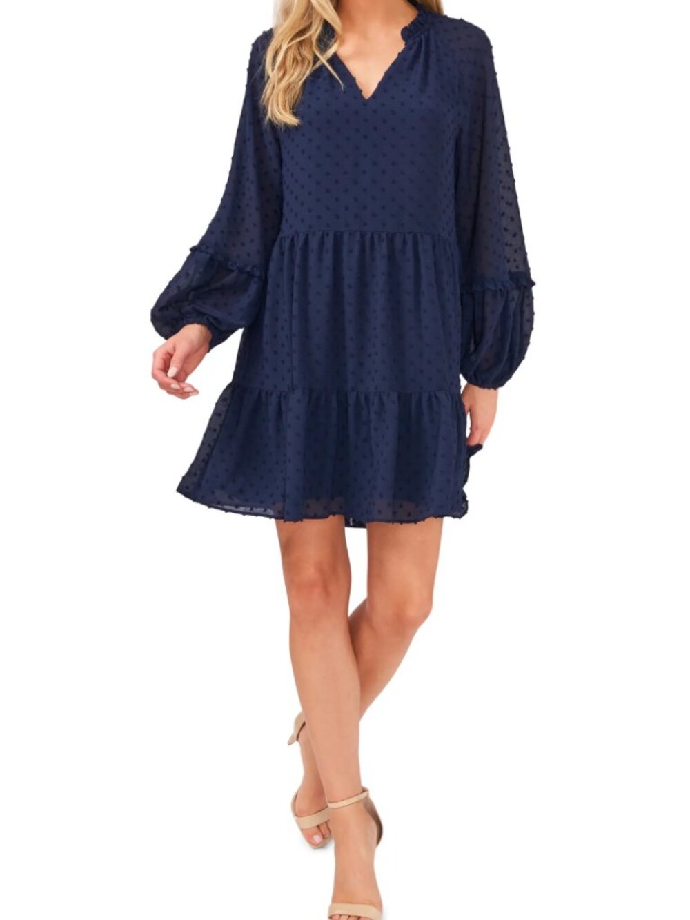 NWT Medium CeCe Women's Navy V-Neck Clip Dot Ruffled Long Sleeve Shift Dress
